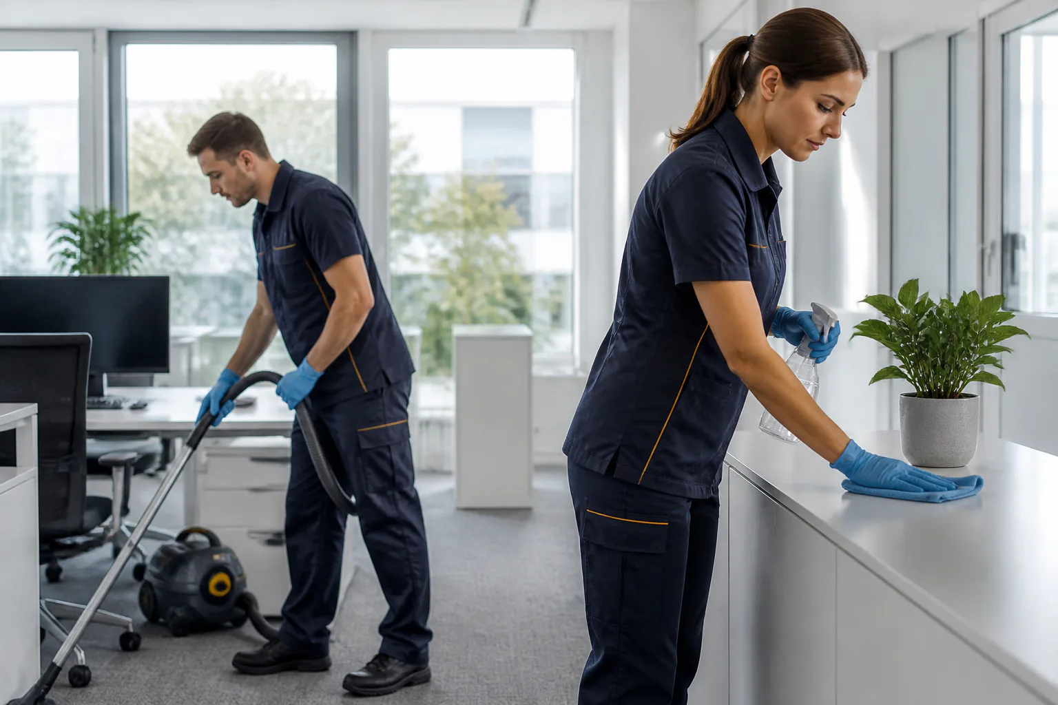 Zwei Reinigungskräfte bei der professionellen Büroreinigung